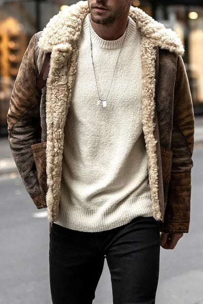 Jacket with folded collar, wool fabric, soft lining, and distressed look
