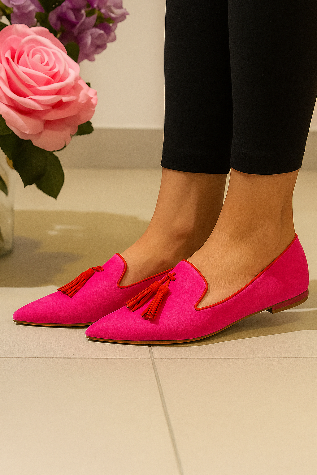 PINK POINTED LOAFER WITH TASSELS